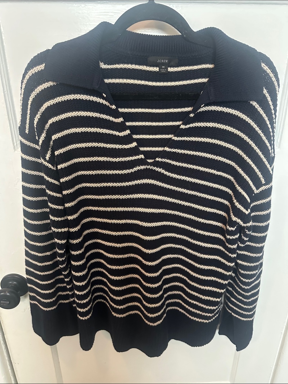 J. Crew Black and Cream Striped V-Neck Sweater with Collar